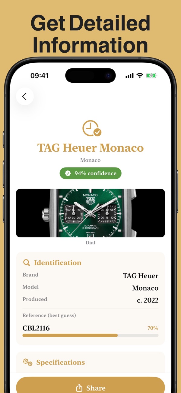 Watch identification report with brand, model and reference